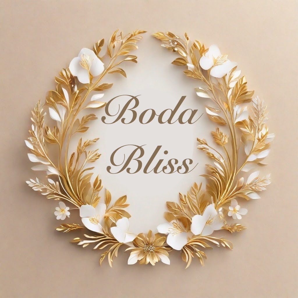 Emblema floral dorado y blanco de Boda Bliss